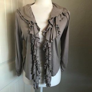 INC Taupe Ruffled Collar Cascade Front Cardigan with Hook-Eye Closure Small